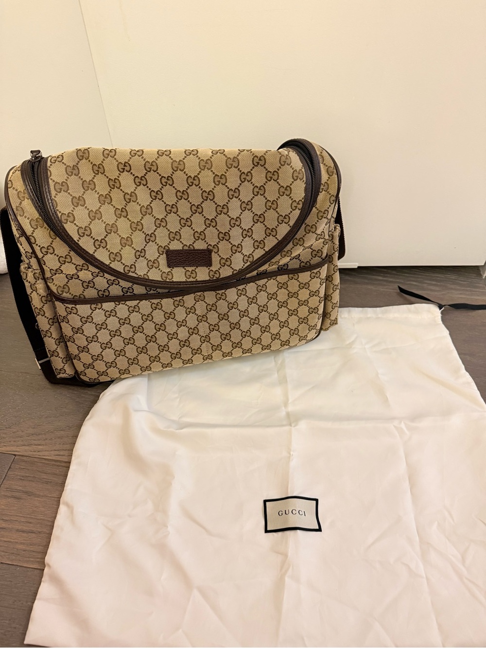 Gucci Beige & Brown GG Supreme Diaper Bag with Dark Trim